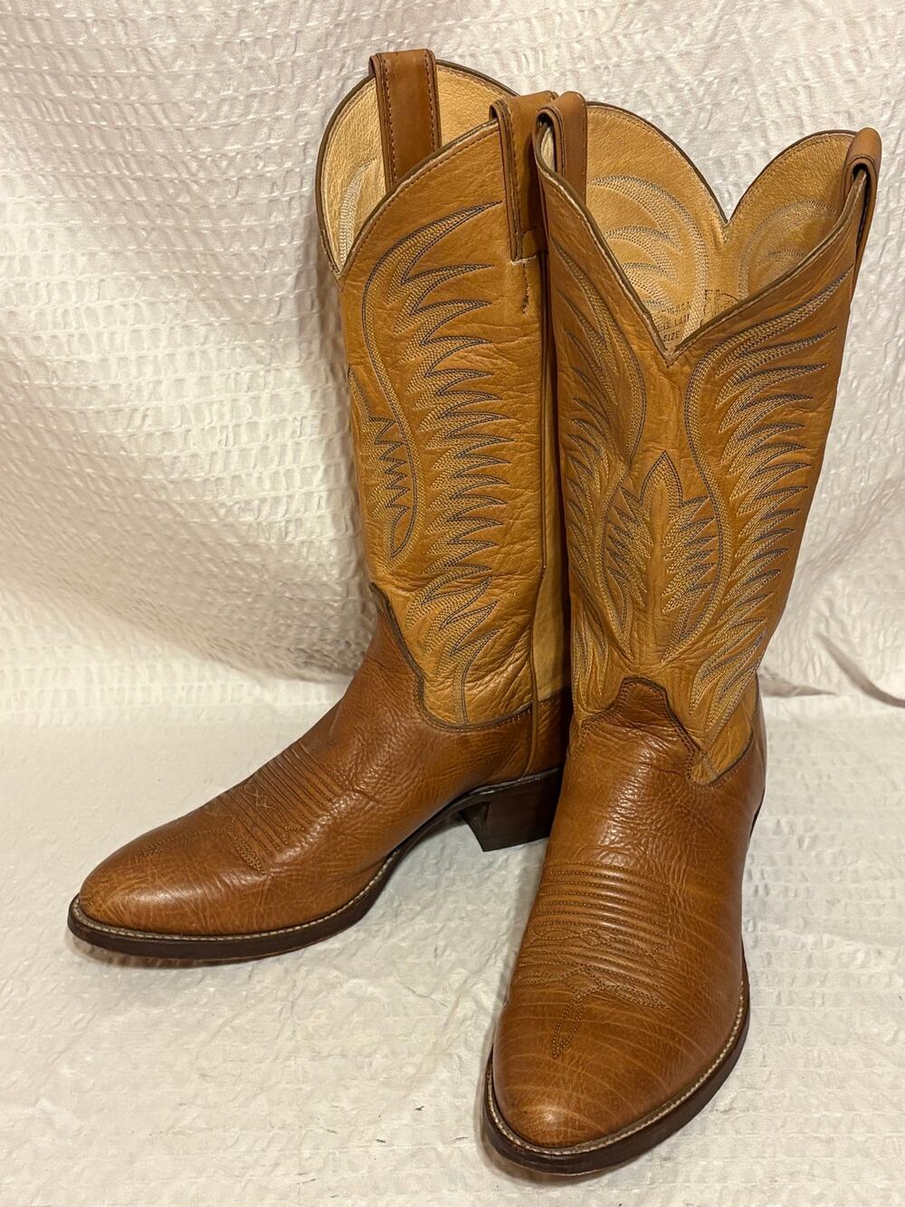 Justin Vintage USA Made Tan Leather Embroidered Western Boots Men’s Size 8D EUC